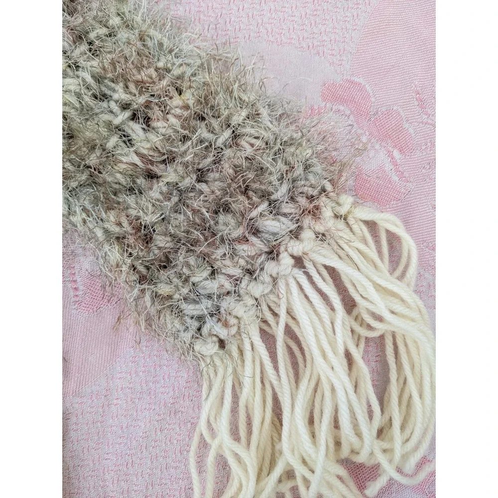 Cream Fringe Knit Scarf‎ Fuzzy Eyelash Open Weave Boho Fairycore 49x3.5
